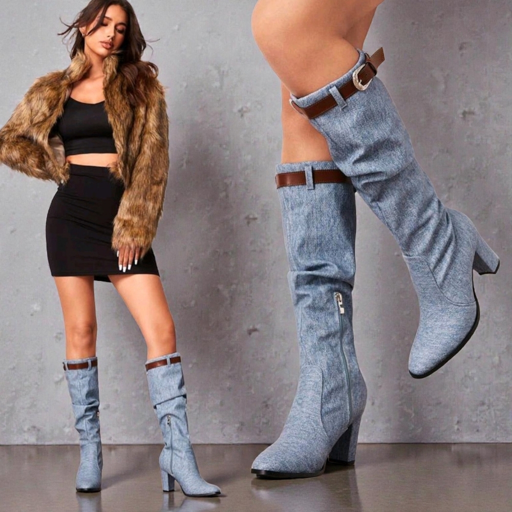 Like-new💙 SHEIN SXY Women's Light Blue PU Leather Ruched Knee-high Heeled Boots